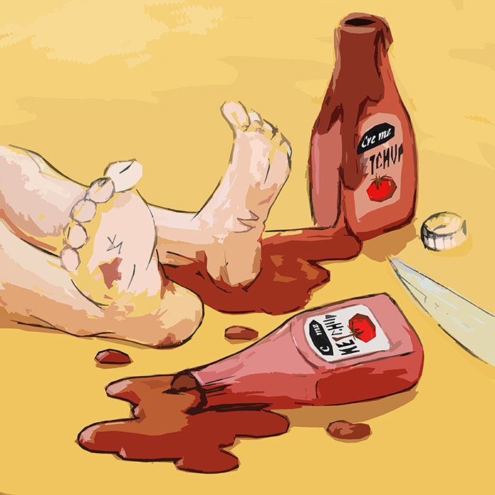 Fake crimes and Hoaxes - man's feet, on ground with spilled bottles of ketchup