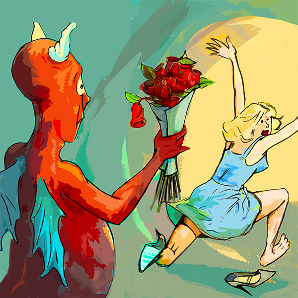 Satanic Panic illustration - lady runs away from devil offering bouquet of flowers
