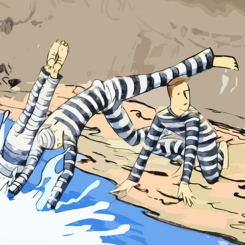 Alcatraz Swim club - men in striped clothes, jumping into the water