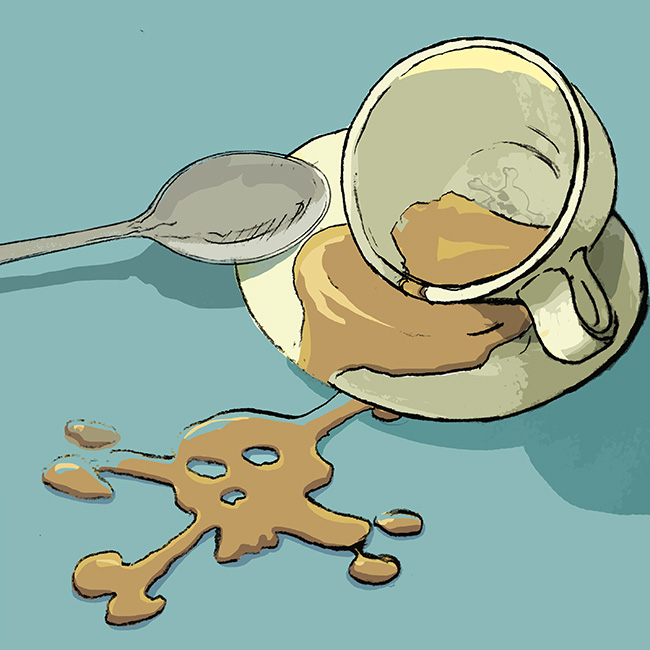 spilled teacup. tea droplets in shape of skull and bones