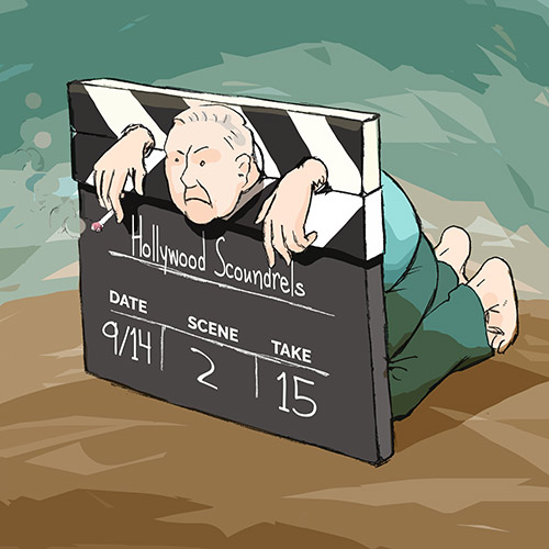 Man stuck in a pillory, made of a Hollywood movie clapboard