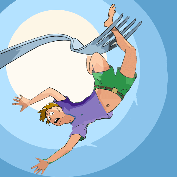 man dangling from a dinner fork, caught by his ankle