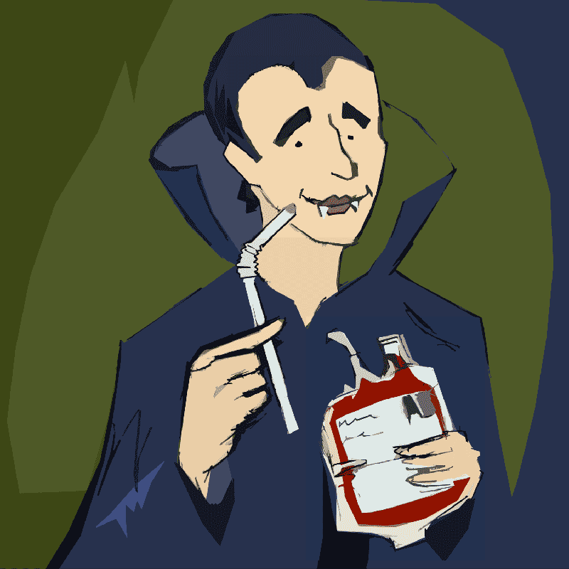dracula with blood bag and straw