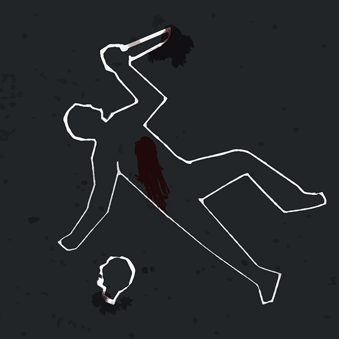 chalk outline holding knife, alongside chalk outline of severed head